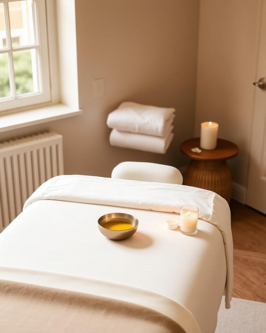 In-home mobile massage setup with linens and a candle